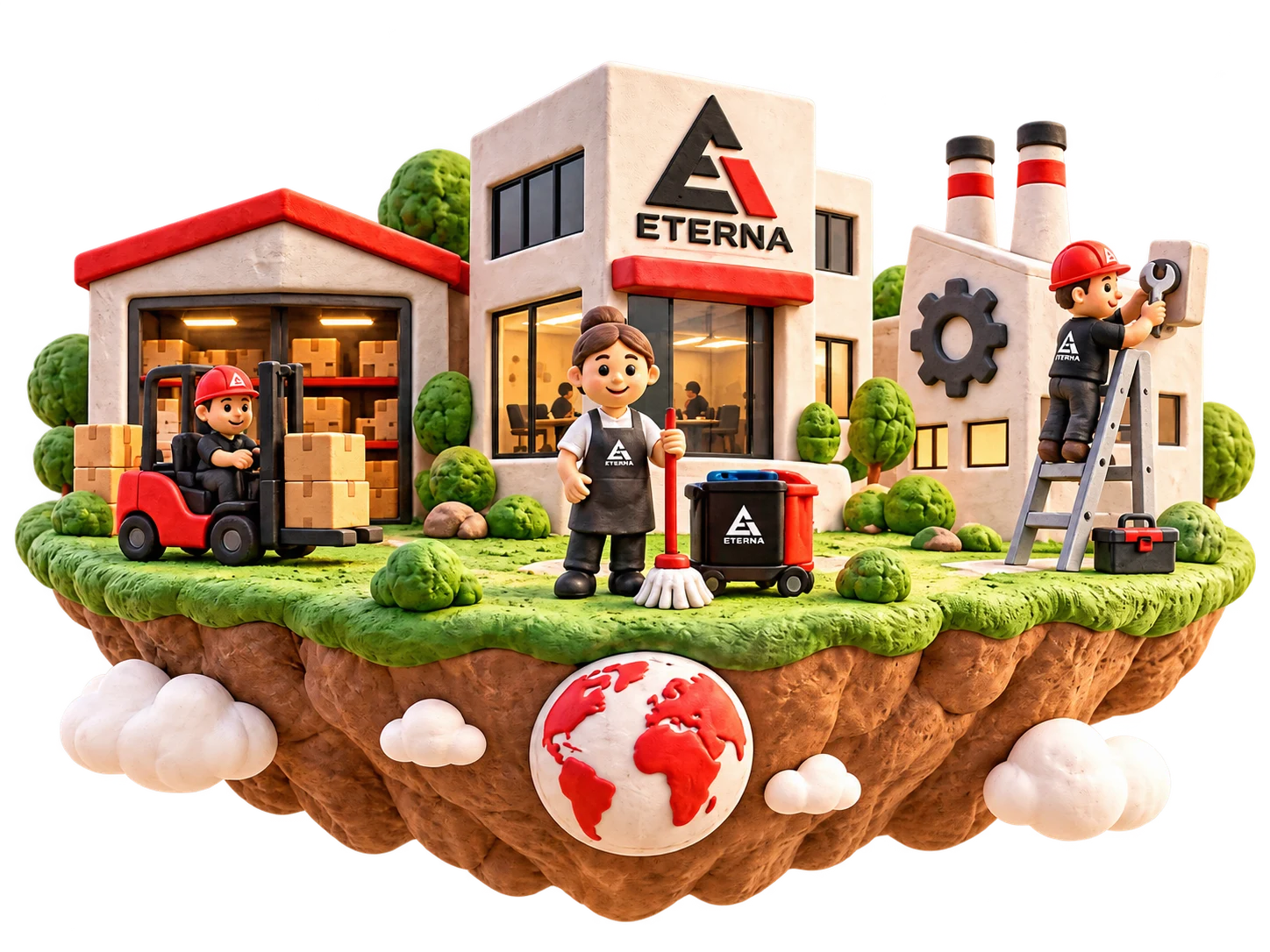 אי מרחף מפלסטלינה עם משרד ETERNA, מחסן, מפעל ועובדים קטנים